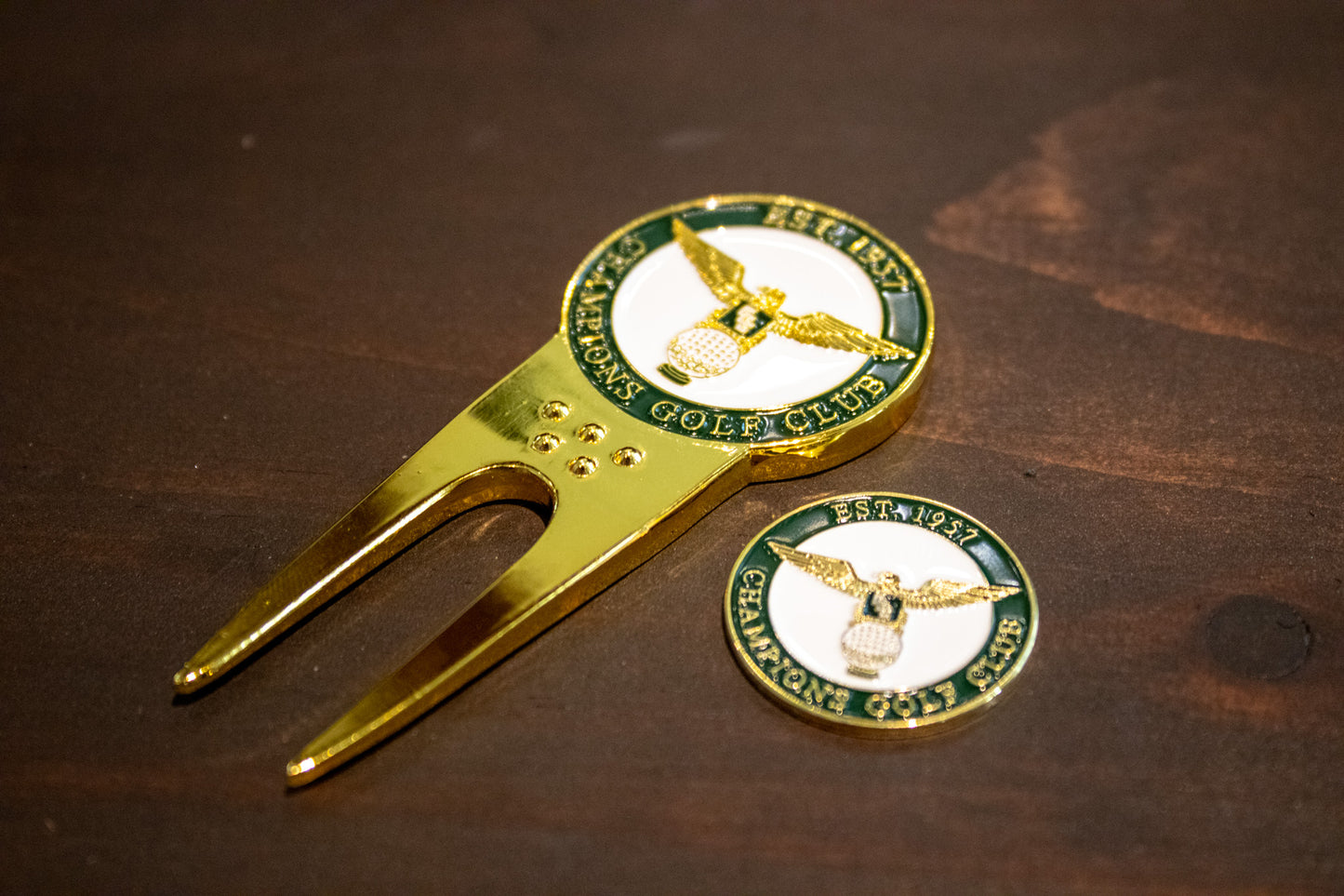 Pitch Fix Divot Repair tool with Champions Golf Club ball marker